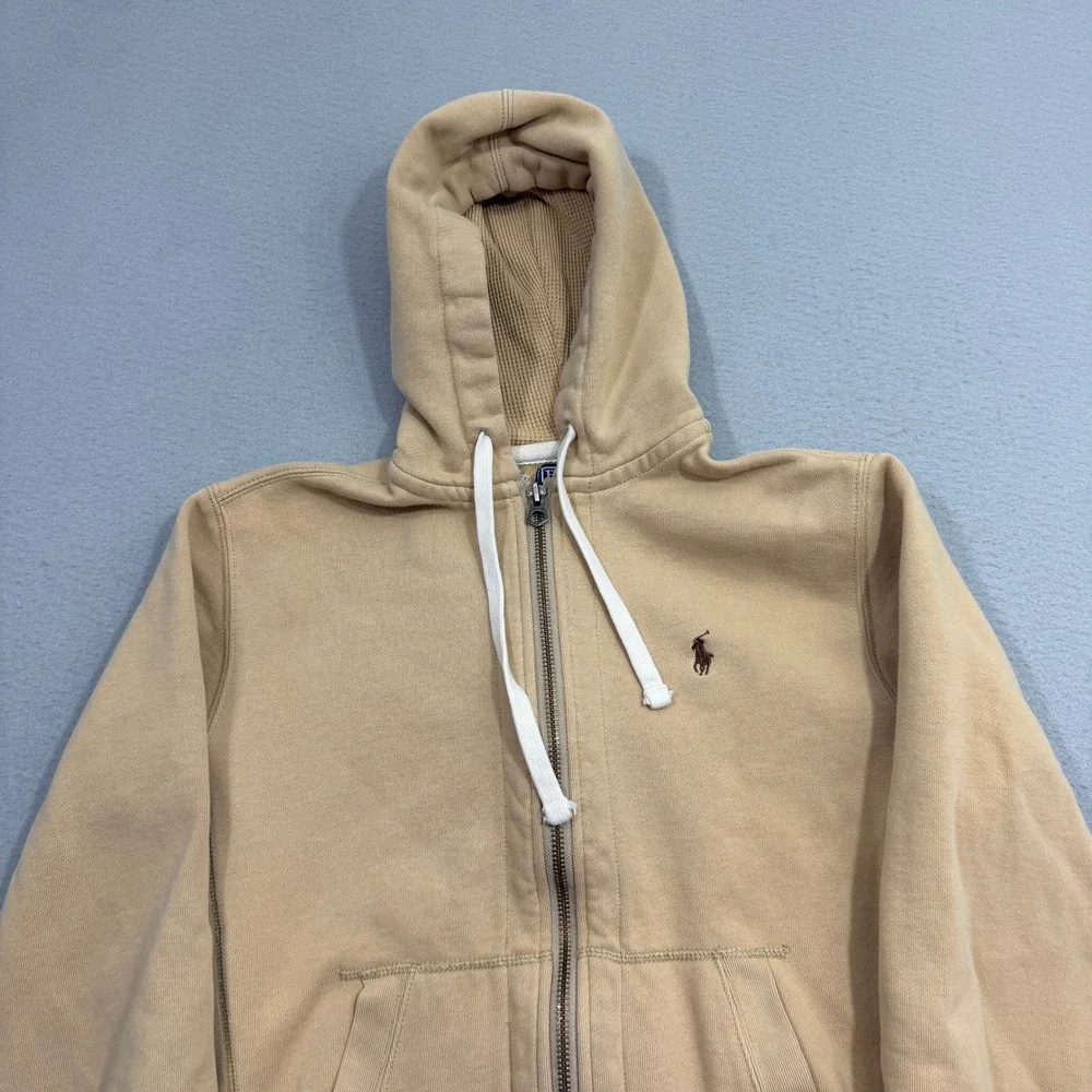 Polo Ralph Lauren Hoodie Small Beige Full Zip Pony Logo Waffle Lined Sweatshirt